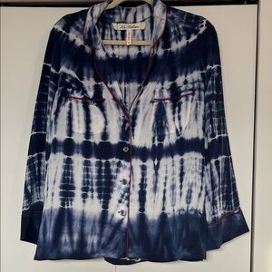 100% Silk Blouse - Blue and White Tie Dye Blouse